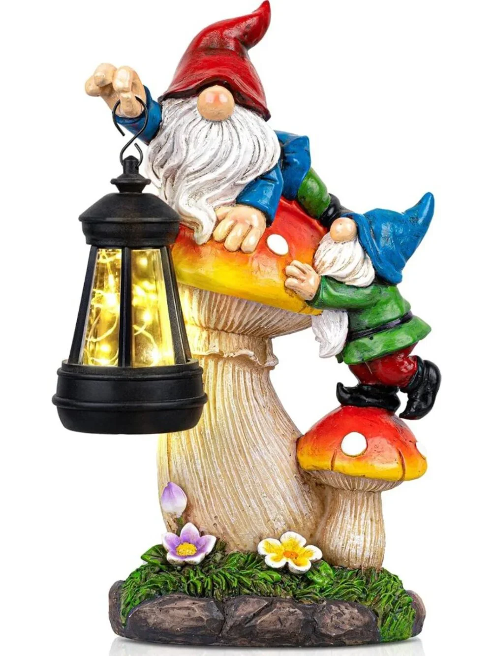 Solar Garden Gnome Statue with Lantern | Waterproof Mushroom Decor | LED Yard